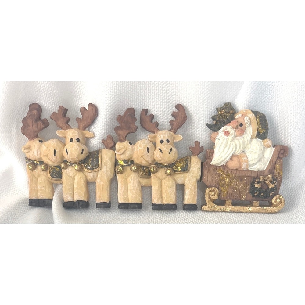 Hinged Resin Santa Claus and Reindeer Sleigh Whimsical Hand Carved Glitter Wood